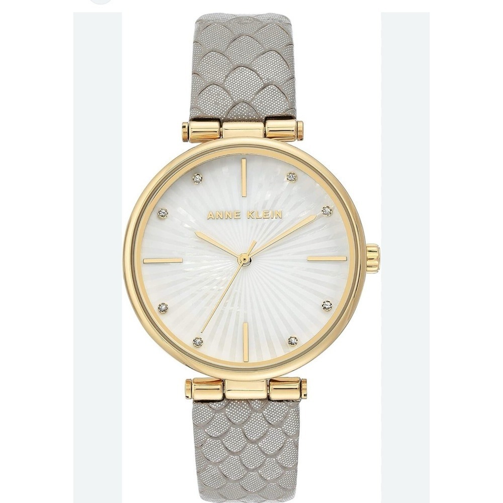 Anne Klein Women Gold Tone White Mother of Pearl Dial Snake Embossed Strap Watch